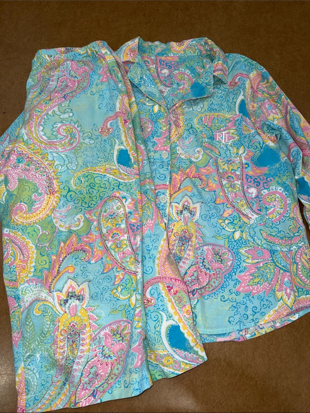 Lauren Ralph Lauren Aqua Paisley Cotton Pajama Set w/ Pink Accents • NO Size Tag
